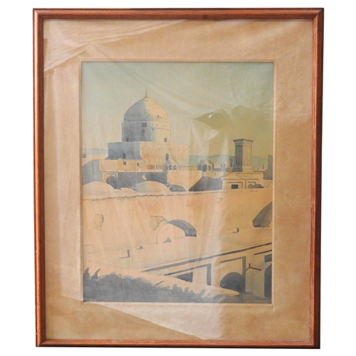 604 - YERVAND NEHAPETIAN (1916-2006) WATERCOLOUR/PAPER OF ISFAHAN MOSQUE AMONGST ROOFTOPS (1949), signed a... 