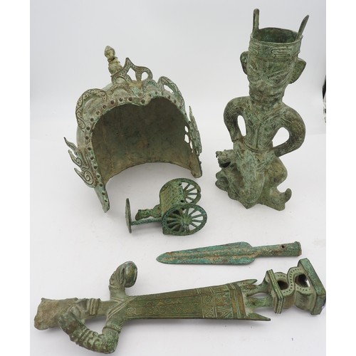 301 - A GROUP OF FIVE CHINESE ARCHAISTIC ITEMS20TH CENTURYcomprising two figures, a helmet, a spear blade ... 