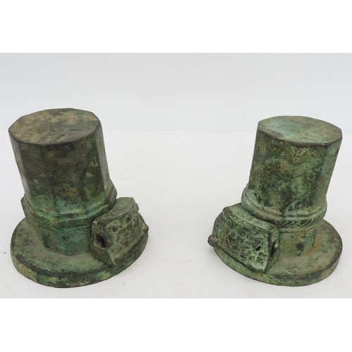 285 - PAIR OF ARCHAISTIC BRONZE CHARIOT AXLE CAPS AND LINCHPINSWESTERN ZHOU STYLE9cm highPROVENANCE: From ... 