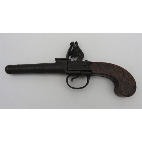 262 - AN 18TH CENTURY FLINTLOCK POCKET PISTOL the ribbed barrel with proof marks,the slab-sided butt with ... 