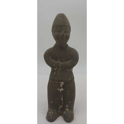 344 - A PAINTED POTTERY TOMB FIGURE, HAN DYNASTY, of Tang attendant, grey painted finish23 cm high