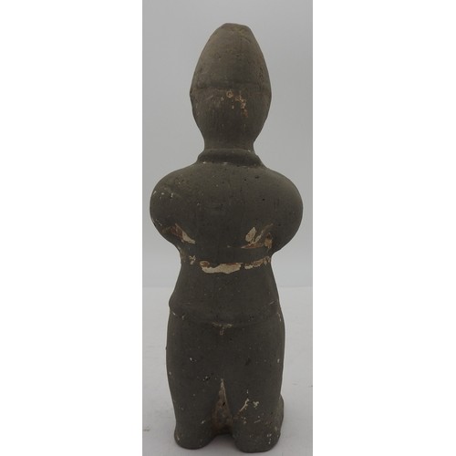 344 - A PAINTED POTTERY TOMB FIGURE, HAN DYNASTY, of Tang attendant, grey painted finish23 cm high