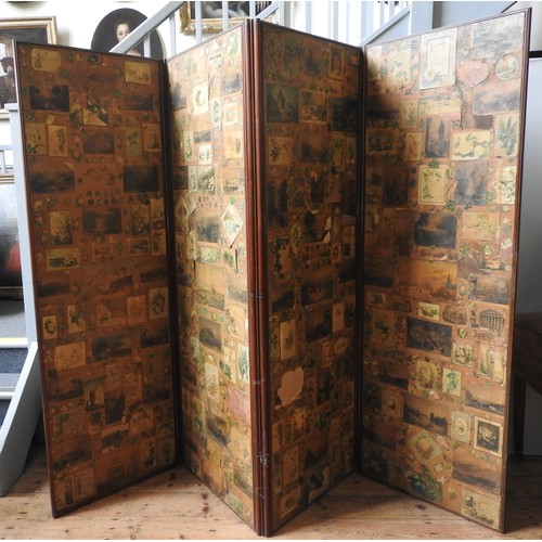 70 - A MAHOGANY FRAMED FOUR FOLD SCREEN, LATE 19TH CENTURY, the painted canvas panels with decoupage deco... 