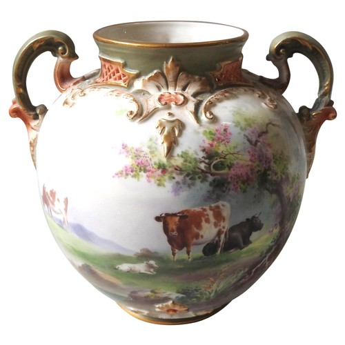 195 - A ROYAL WORCESTER GLOBULAR PORCELAIN VASE, CIRCA 1901, the sides hand painted with bucolic scenes of... 