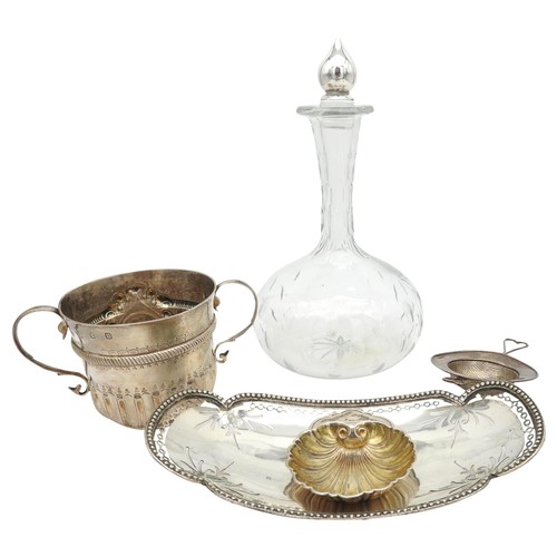 839 - A VINTAGE SILVER TWO HANDLED CUP AND A CONTINENTAL SILVER DISH, the cartouche engraved gadrooned wai... 