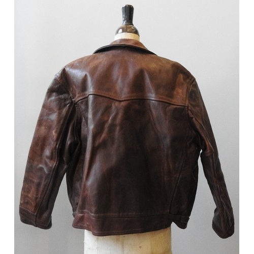 853 - A BATTERED TAN LEATHER JACKET (Size 46) made to order by Aero Leathers Clothing Co, Scotland (Blue L... 