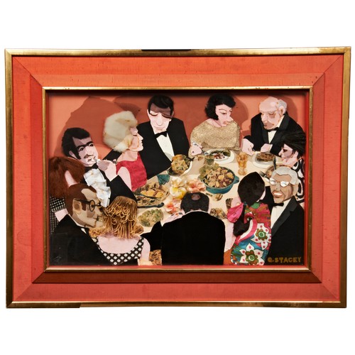 6 - GLORIA STACEY (20TH CENTURY) 'FIVE STANDING FIGURES' AND 'THE BANQUET'collage/board, both signed, on... 