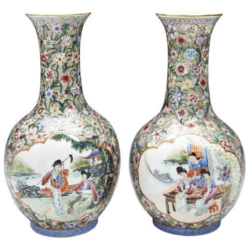 222 - PAIR OF FAMILLE ROSE BALUSTER VASESREPUBLIC PERIOD (1912-1949)the sdies pained with opposing panels ... 