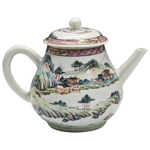 246 - A FINE FAMILLE ROSE PEAR-SHAPED 'LANDSCAPE' TEAPOT AND COVERYONGZHENG PERIOD (1723-1735)the sides fi... 