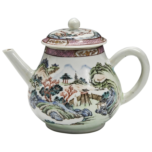 246 - A FINE FAMILLE ROSE PEAR-SHAPED 'LANDSCAPE' TEAPOT AND COVERYONGZHENG PERIOD (1723-1735)the sides fi... 