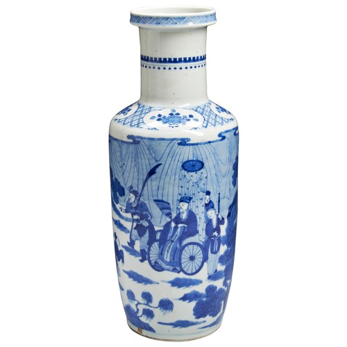 184 - A BLUE AND WHITE ROULEAU VASEQING DYNASTY, 19TH CENTURYdecorated in tones of underglaze with a scene... 