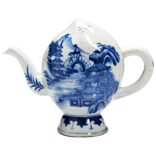 179 - A BLUE AND WHITE CADOGAN TEAPOTLATE QING DYNASTYthe sides painted with a mountainous landscape view,... 