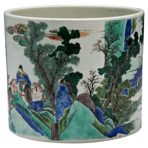 9 - A FINE AND LARGE KANGXI FAMILLE VERTE BITONG KANGXI PERIOD (1662-1722)康熙五彩“太公釣魚”圖紋筆筒the landscape sc... 