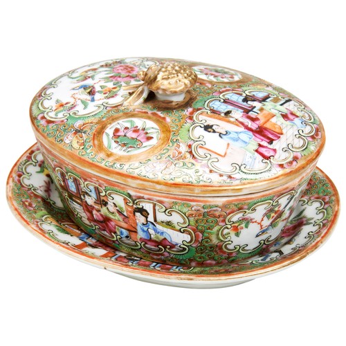 226 - A CANTON FAMILLE ROSE BUTTER DISH, COVER AND STANDQING DYNASTY, 19TH CENTURYpainted with panels of c... 