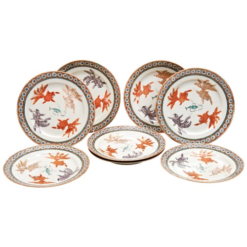 251 - A SET OF EIGHT FAMILLE ROSE DISHESLATE QING DYNASTY each decorated with four fantails and a crayfish... 