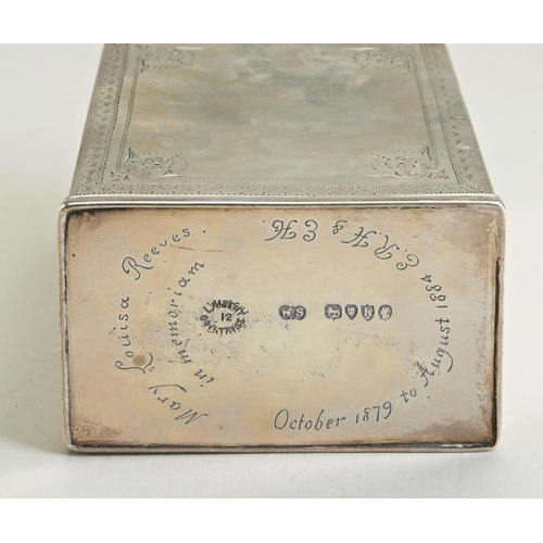 56 - AN ENGRAVED OBLONG TEA CADDY, LONDON 1885. An oblong tea caddy of George II form, with engraved deco... 