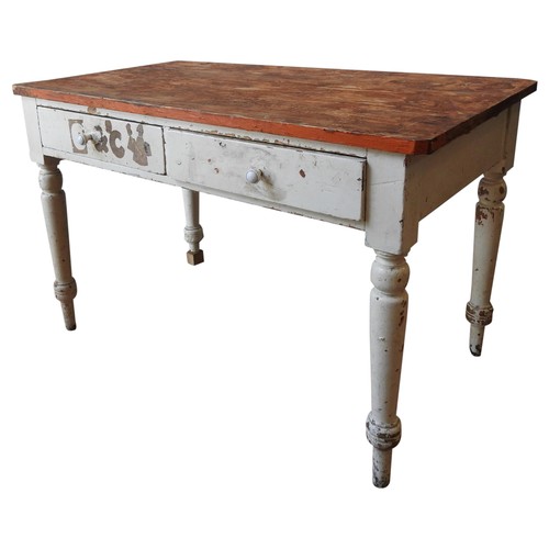 45 - A RUSTIC PINE SCULLERY TABLE WITH TWO DRAWERS, 19TH CENTURY, rectangular plank top above a cream pai... 