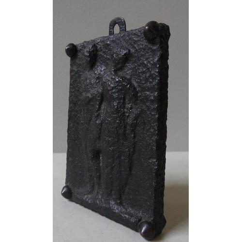 103 - A 19TH CENTURY CAST IRON PLAQUE, decorated in low relief depicting two robed Roman male and female f... 