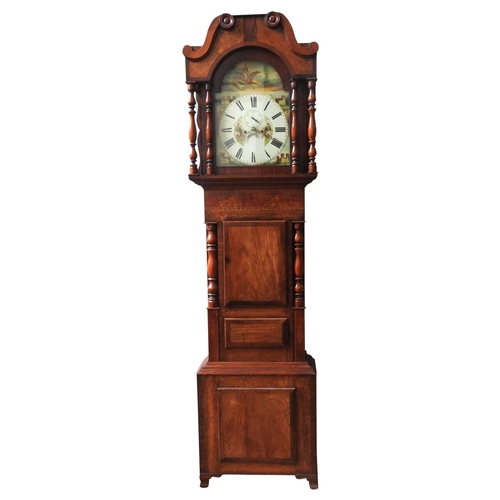 111 - A MAHOGANY 19TH CENTURY LONGCASE CLOCK, with an 8-day movement, painted arch dial with subsidiary di... 