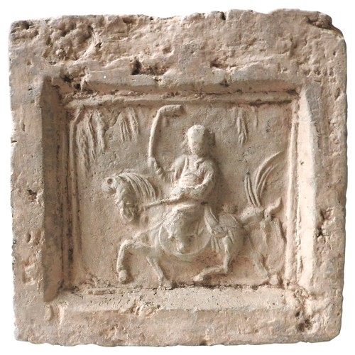 233 - A CHINESE STONE TOMB TILE, the square tile decorated in low relief depicting a polo player on horseb... 