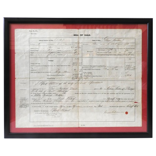 447 - A FRAMED BILL OF SALE RELATING TO THE SS GREAT WESTERN (1872), the ship constructed in Sunderland in... 