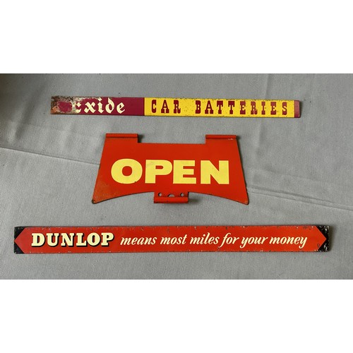 210 - DUNLOP, EXIDE AND OPEN/CLOSED SIGNSDunlop 'means most miles for your money' tin sign (4 x 46cm). Sin... 