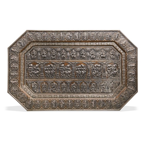 83 - A SILVER & COPPER TANJORE WARE WALL HANGING TRAY, C.1900. A large decorative copper tray covered... 