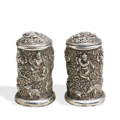 86 - A PAIR OF CONDIMENT SHAKERS, TRICHINOPOLY C.1870. A pair of condiment shakers, heavily embossed all ... 