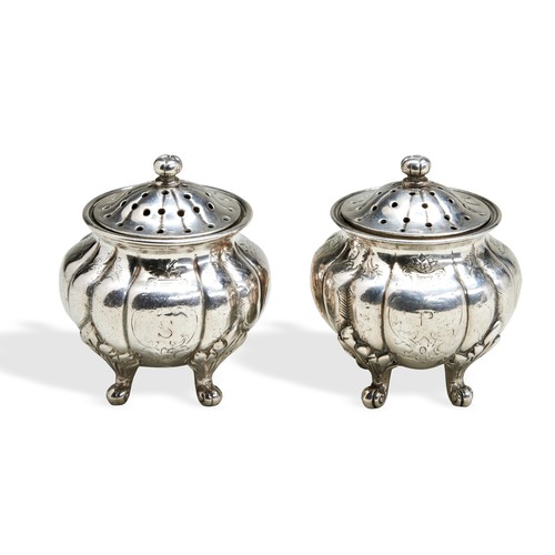 107 - A PAIR OF COMPRESSED MELON SHAPE CONDIMENT SHAKERS, CALCUTTA C.1850.  A pair of condiment shakers wi... 