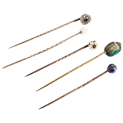 266 - FIVE VICTORIAN STICK PINS, CIRCA 1890TO INCLUDEA SAPPHIRE AND DIAMOND TIE PIN; A SINGLE OPAL BEAD TI... 