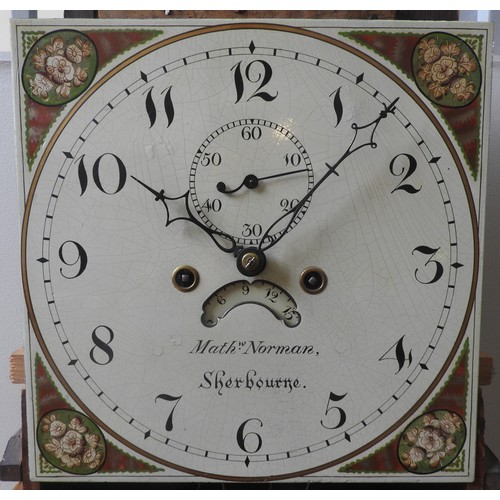 110 - A 19TH CENTURY WAXED PINE LONGCASE CLOCK, 30 hour movement, the enamelled dial signed Matthew Norman... 