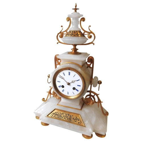 113 - A 19TH CENTURY FRENCH ALABASTER MANTEL CLOCK, with 8.5 cm enamelled dial, the case surmounted by an ... 