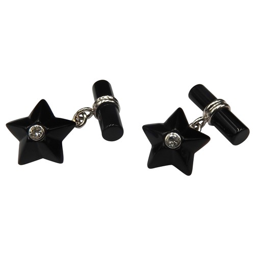 412 - A PAIR OF ONYX, DIAMOND AND 18 CARAT GOLD CUFFLINKS