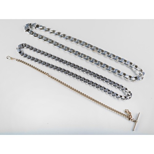 392 - TWO HEAVY SILVER CHAINS & PLATED CURB CHAIN