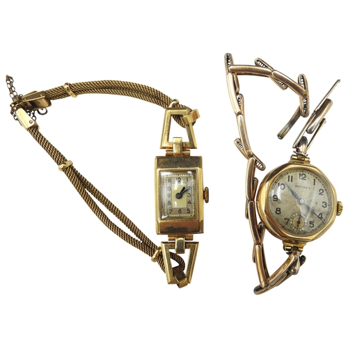 396 - TWO YELLOW METAL VINTAGE LADIES WRISTWATCHES, one with a rectangular dial stamped .375, one with a c... 