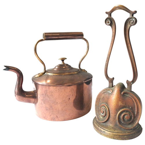 102 - A 19TH CENTURY COPPER KETTLE AND AN ART NOUVEAU DOORSTOP, ovoid form kettle with a ring handle, the ... 