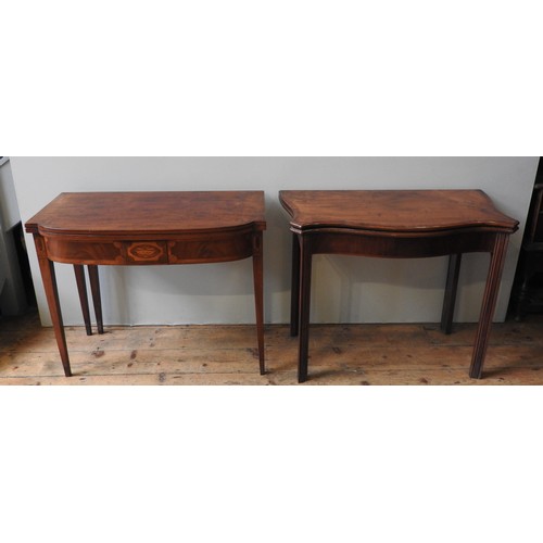 42 - TWO 19TH CENTURY MAHOGANY CARD TABLES, one serpentine form and one bow form, both with fold over bai... 