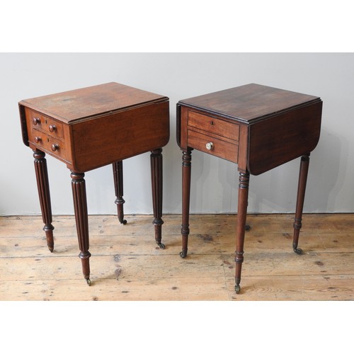 27 - TWO EARLY 19TH CENTURY MAHOGANY WORK TABLES, one raised on fluted legs and the other raised on ring ... 