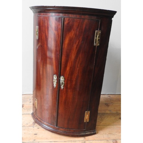 19 - A GEORGE III MAHOGANY CORNER CUPBOARD, moulded cornice over two bowed doors enclosing two interior s... 