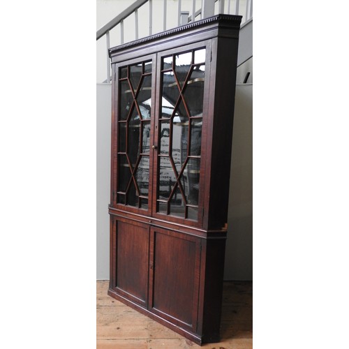 17 - A LARGE 19TH CENTURY MAHOGANY CORNER CABINET, the top section with a dentil cornice over to astragal... 