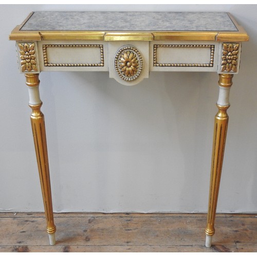 14 - A CONTEMPORARY GILT PAINTED CONSOLE TABLE, the rectangular mirrored top with an attractive silvered ... 
