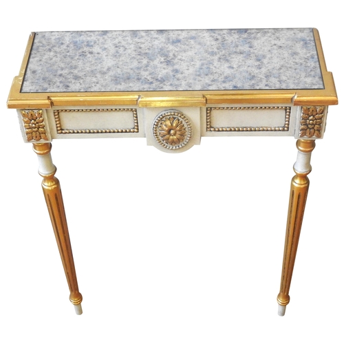 14 - A CONTEMPORARY GILT PAINTED CONSOLE TABLE, the rectangular mirrored top with an attractive silvered ... 