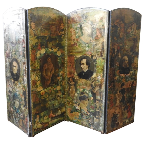 10 - A VINTAGE FOUR FOLD SCREEN, CIRCA 1900, the four arch top canvas covered panels with profuse decoupa... 
