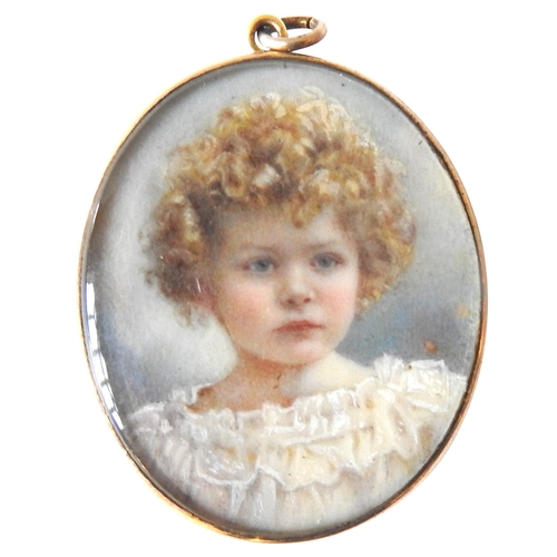 440 - A LATE 18TH CENTURY PORTRAIT MINIATURE OF GIRL, the oval panel hand painted with portrait of a curly... 