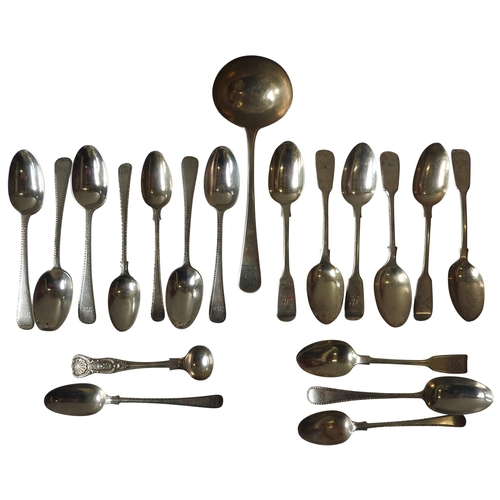 428 - A QUANTITY OF SILVER TEASPOONS, SALT SPOON AND LADLE, the lot comprised of 17 teaspoons, some with b... 