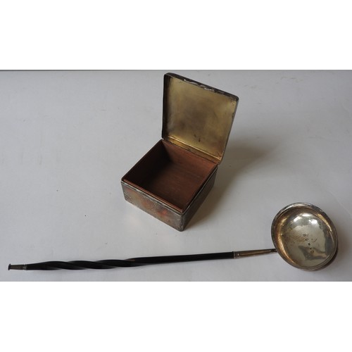 422 - A SCOTTISH SILVER TODDY LADLE AND A SILVER COVERED BOX, the ladle marked P.H, Edinburgh 1821, the sq... 