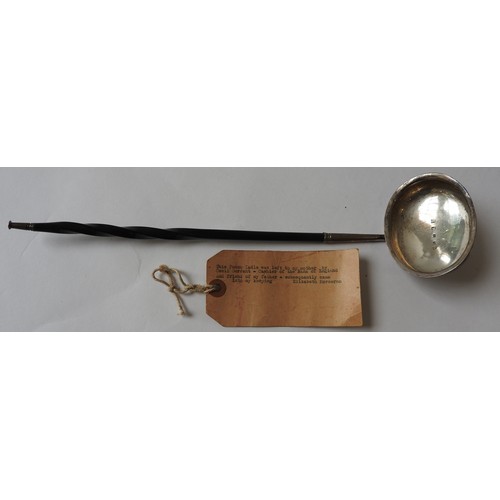 422 - A SCOTTISH SILVER TODDY LADLE AND A SILVER COVERED BOX, the ladle marked P.H, Edinburgh 1821, the sq... 