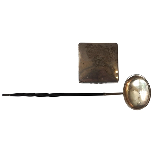 422 - A SCOTTISH SILVER TODDY LADLE AND A SILVER COVERED BOX, the ladle marked P.H, Edinburgh 1821, the sq... 