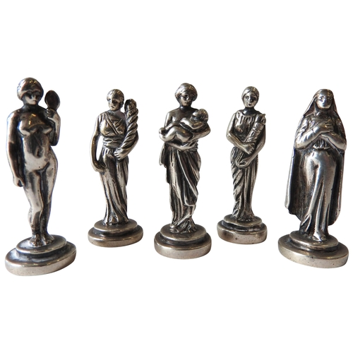 429 - A GROUP OF FIVE MINIATURE EDWARDIAN SILVER FIGURINES, modelled as classical Greco-Roman maidens, rob... 