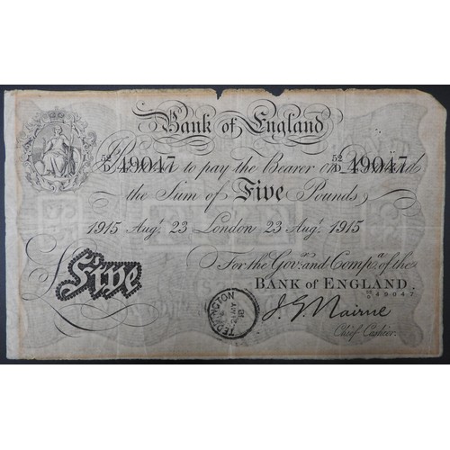 388 - A BANK OF ENGLAND WHITE FIVE POUND NOTE, 1915, signed by Nairne, numbered 52D49047 and dated 23rd Au... 